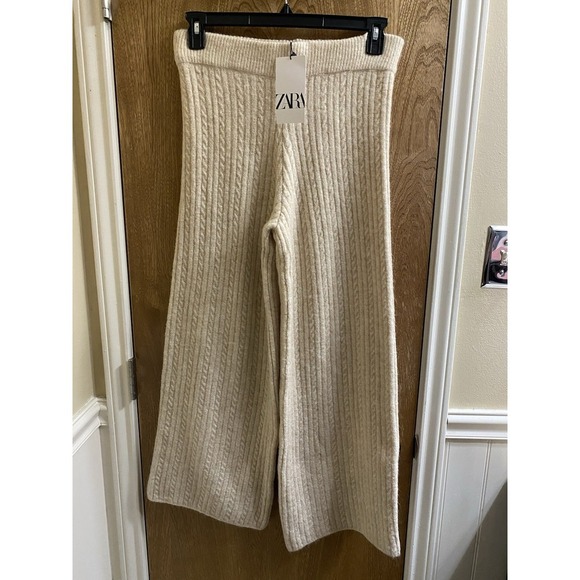Zara Women's Cable Knit Sweater Wide Leg Pants Cream Size L New With Tags Soft - Picture 1 of 12